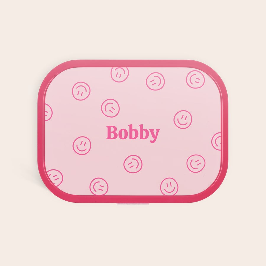 Cutie pentru prânz Mepal - personalizată Cutie de prânz Mepal personalizată roz cu nume imprimat Bobby și fețe zâmbitoare