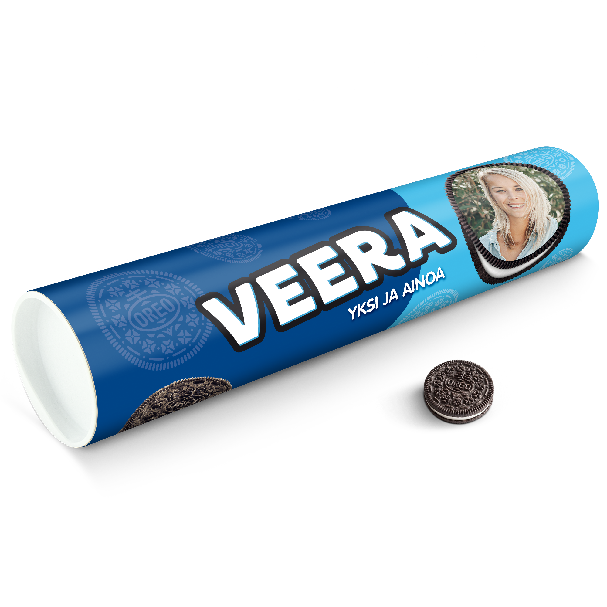 Mega Oreo lahjaputki jossa on Veera ja kuva, henkilökohtainen teksti on painettu