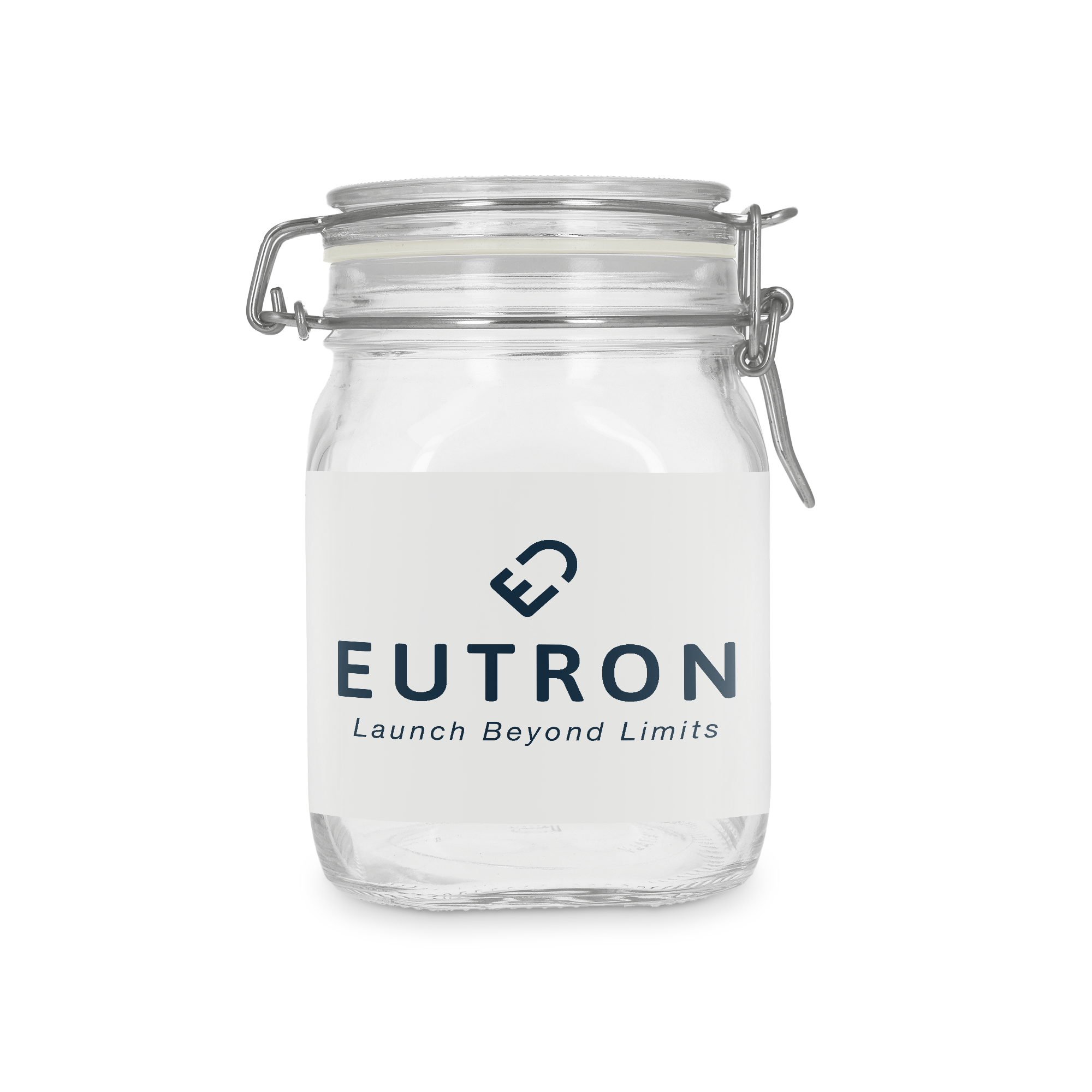 Átlátszó fedővel ellátott üvegedény EUTRON logóval és Launch Beyond Limits szöveggel, személyre szabott matricával.