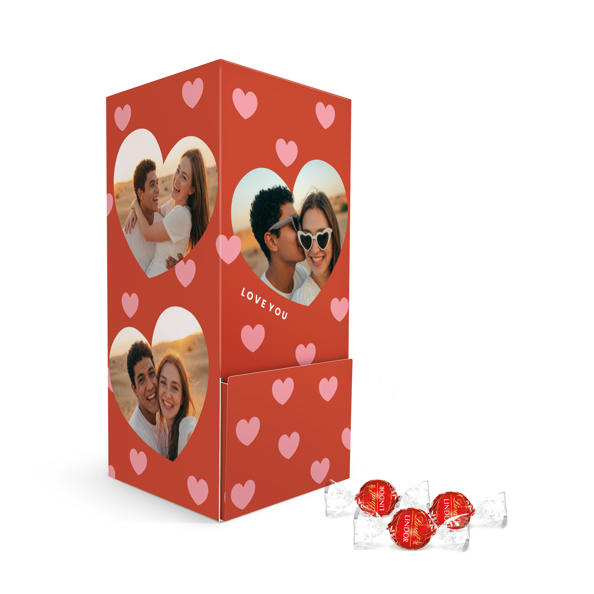 Personalised dispenser with Lindt milk chocolate printed with your favorite photos and a love message