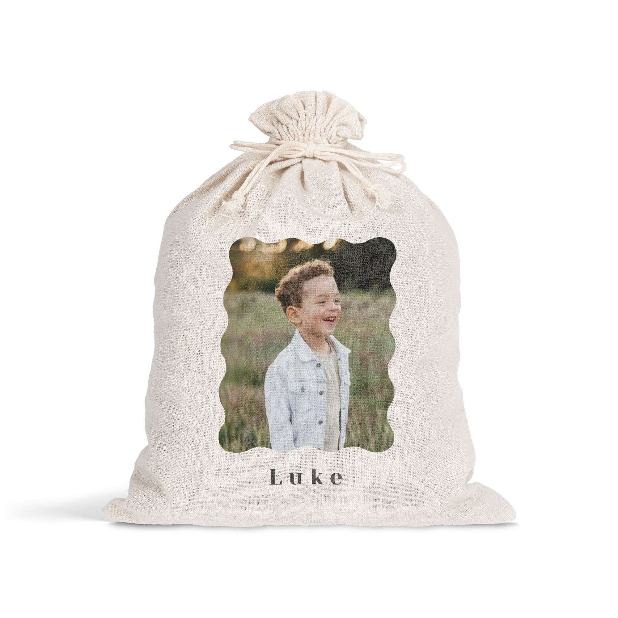 Sacola de presente de Páscoa personalizada com cordão, foto de menino sorrindo e nome Luke impresso