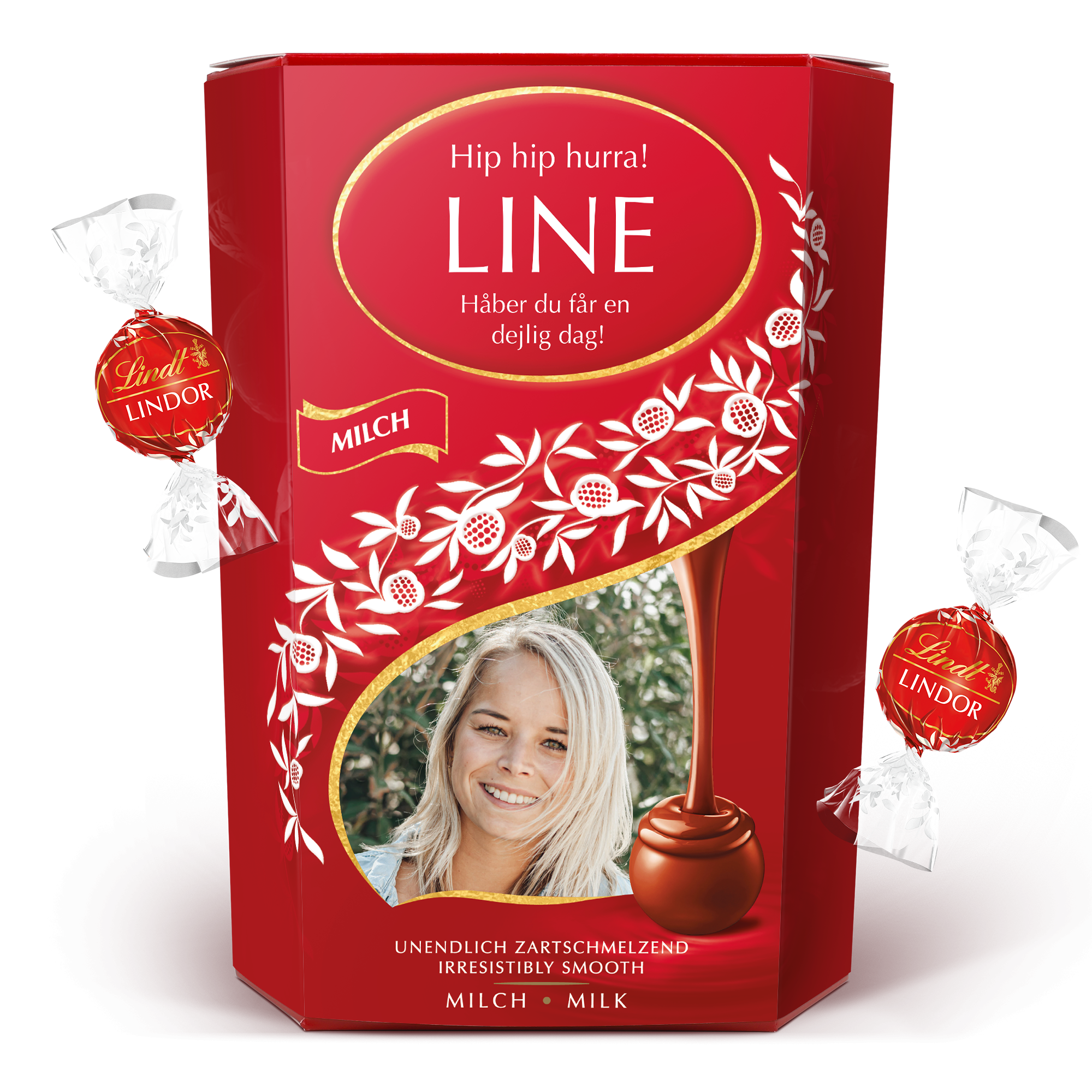 Lindt chokolade gaveæske med trykt foto af en kvinde, navnet "LINE" og teksten "Hip hip hurra Håber du får en dejlig dag".