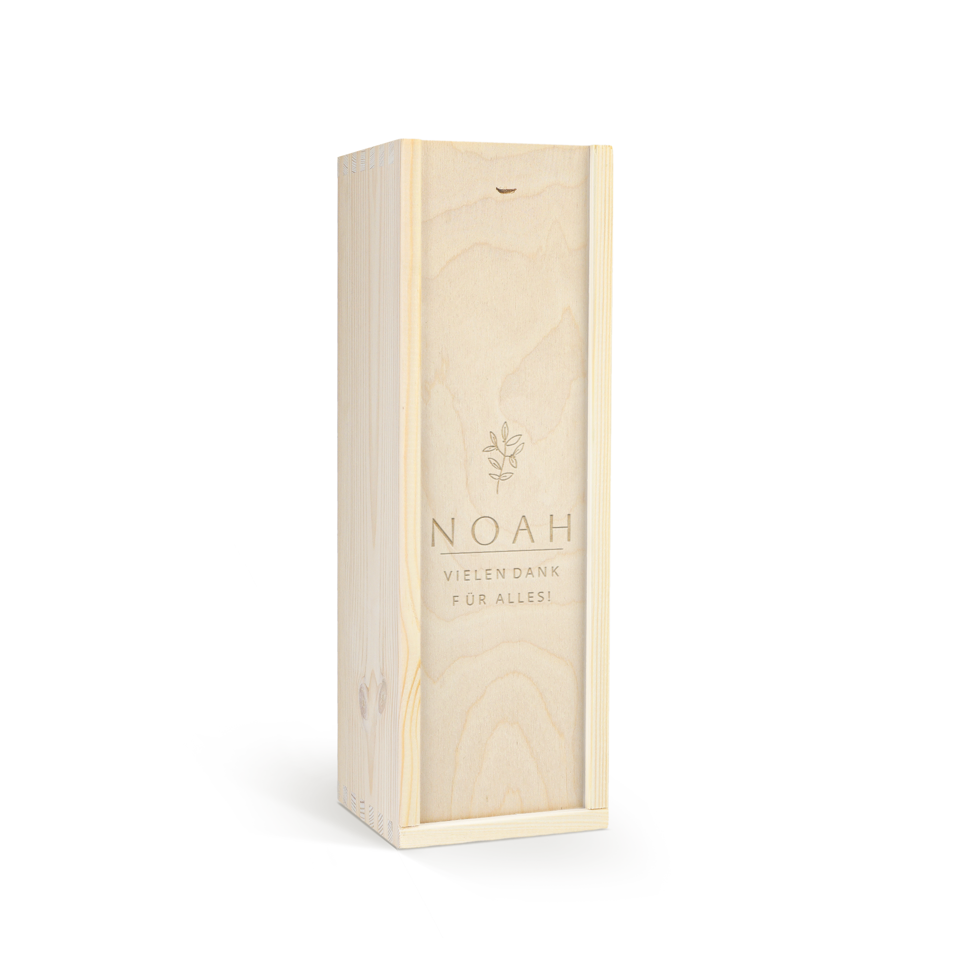 Gravierte Holzkiste mit Sambuca Vaccari, personalisiert mit dem Namen Noah und dem Text "Vielen Dank für alles!".
