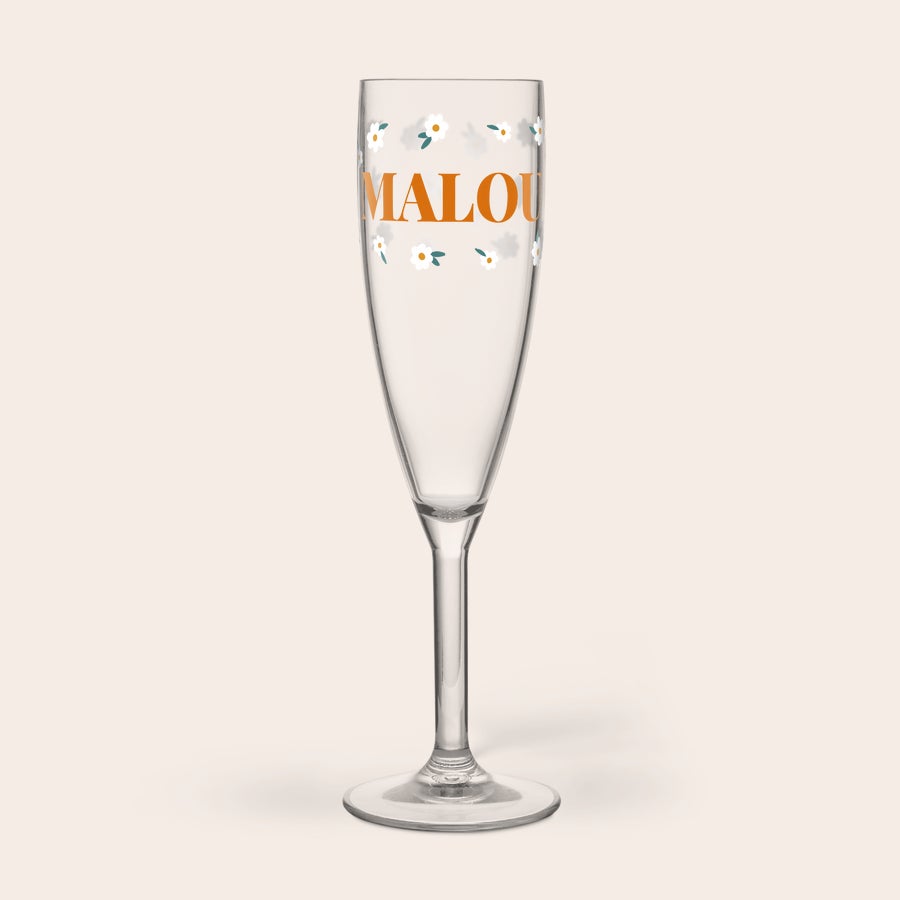 Champagneglas med print - Plast Personligt plastik champagneglas med navnet MALOU og blomster trykt for en champagne-elsker.