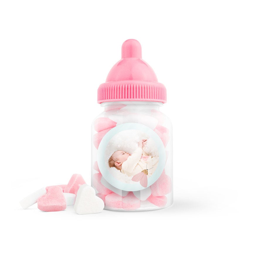 Suikerhartjes in bedrukt babyflesje (roze) - 100 stuks