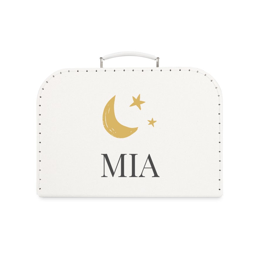 Valigetta per bambini Valigia giocattolo stampata con nome Mia, decorata con luna e stelle gialle, manico bianco personalizzabile