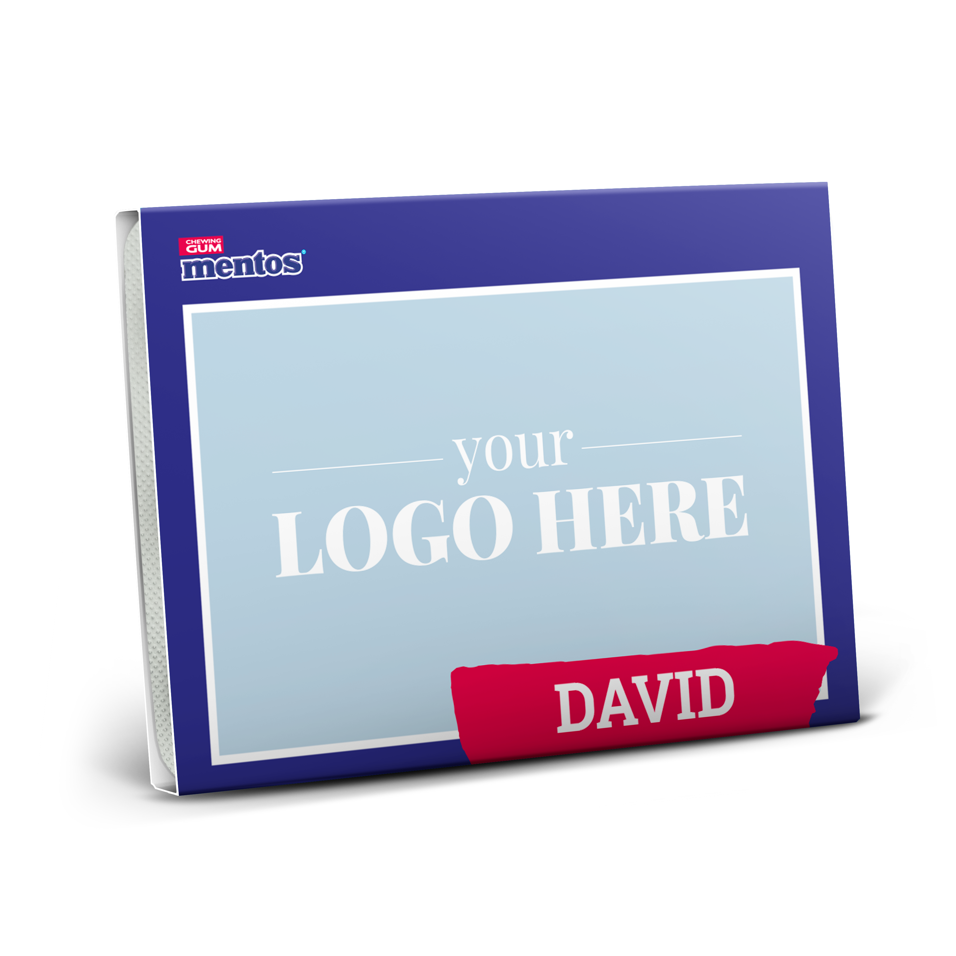 Caja de chicles Mentos personalizada con "your LOGO HERE" y nombre "DAVID" impresos.
