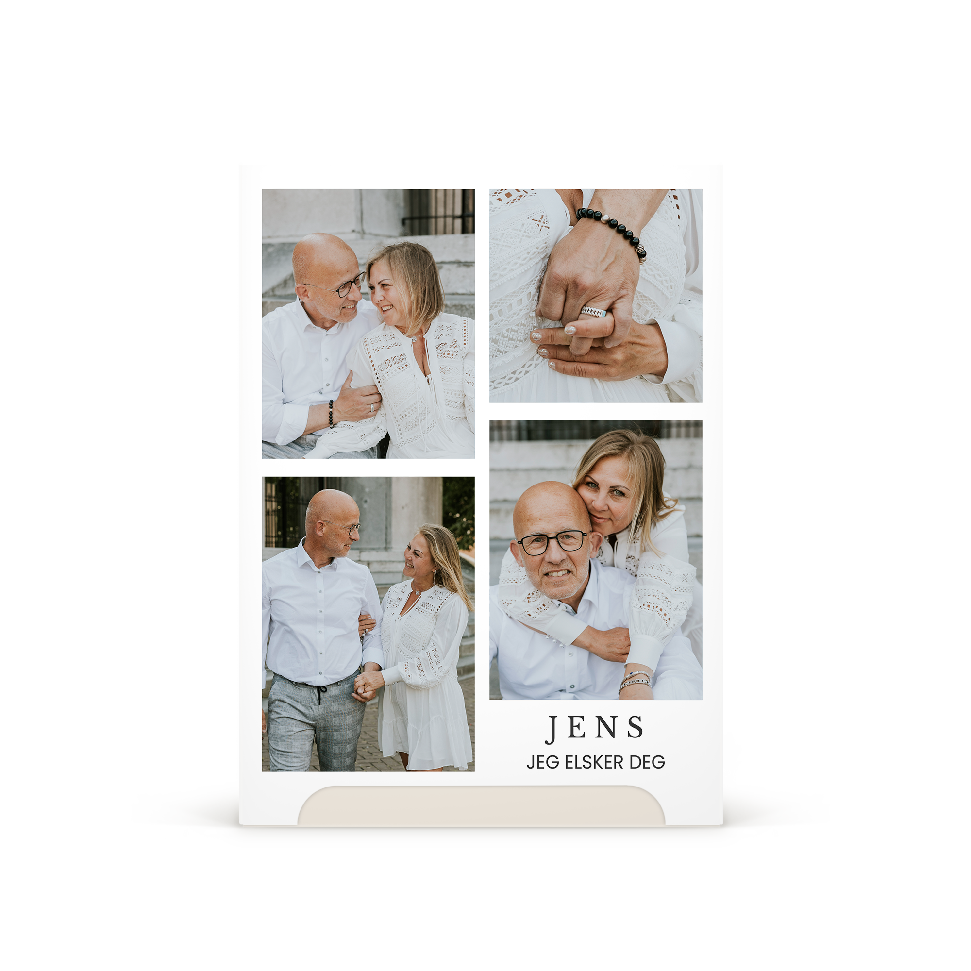 En personlig Bonne Maman gaveæske med fire fotos af et ægtepar og navn "Jens, Jeg elsker dig" printet på. En unik gaveæske.