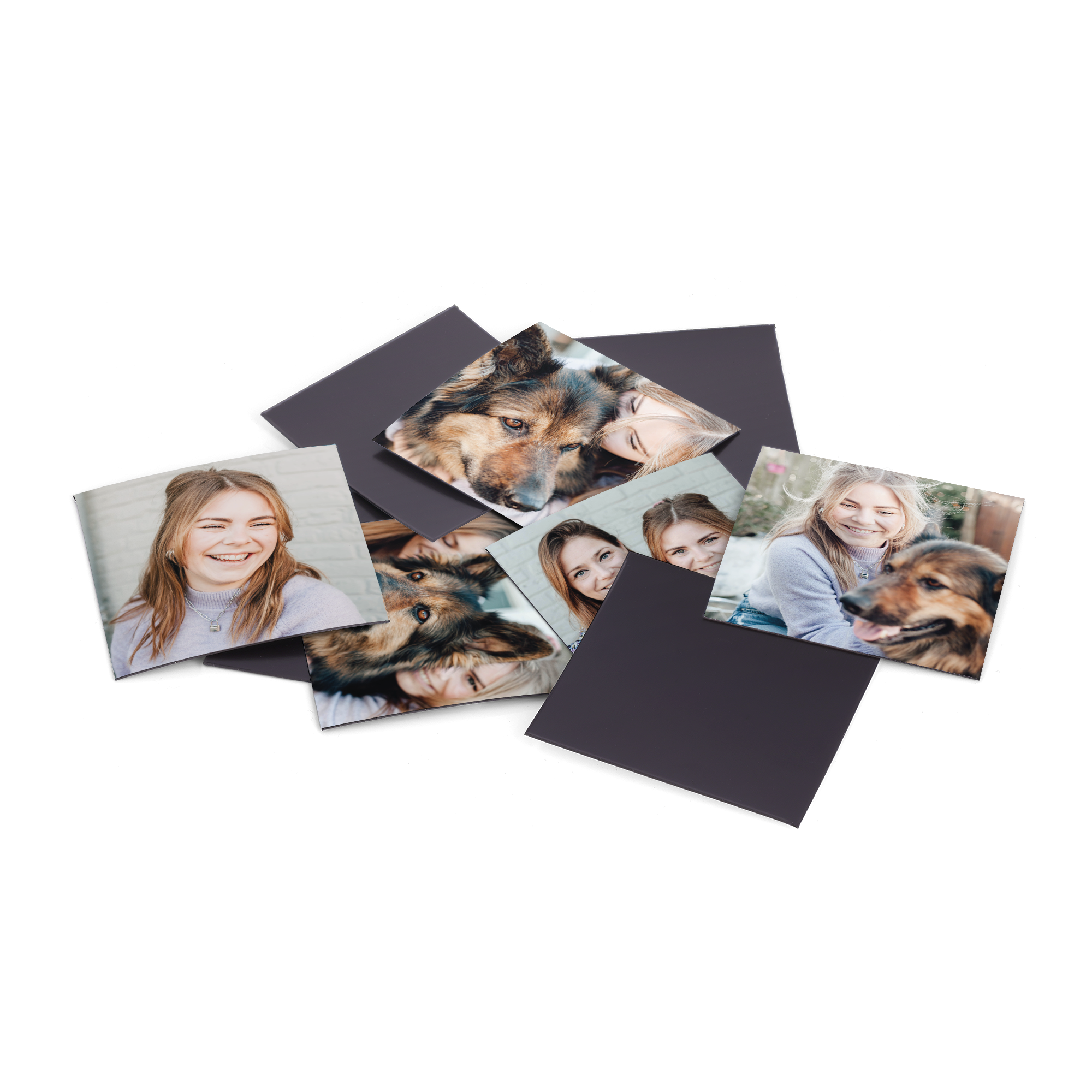Square personalized magnets printed with various photos of people and a dog