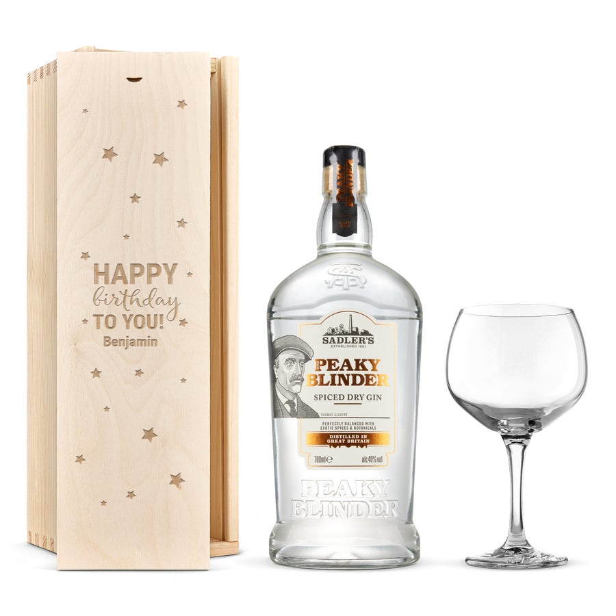 Peaky Blinders ginpakket met glas in gegraveerde kist Peaky Blinders ginpakket met glas in gegraveerde kist