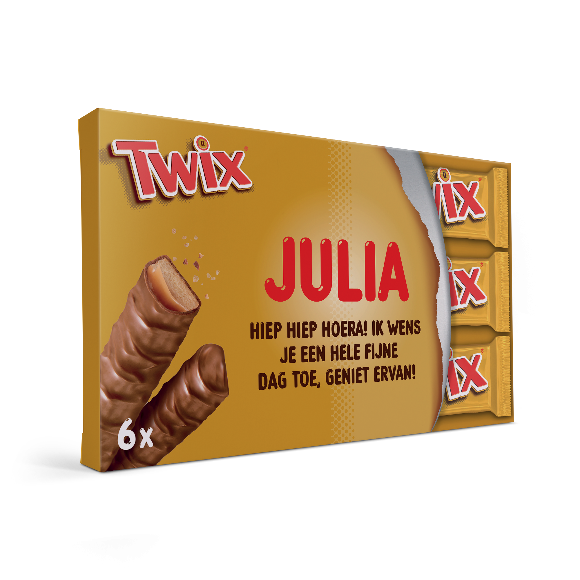 Bruine Twix Bar Giftbox met de geprinte naam Julia en een persoonlijke boodschap, gevuld met 6 Twix repen.