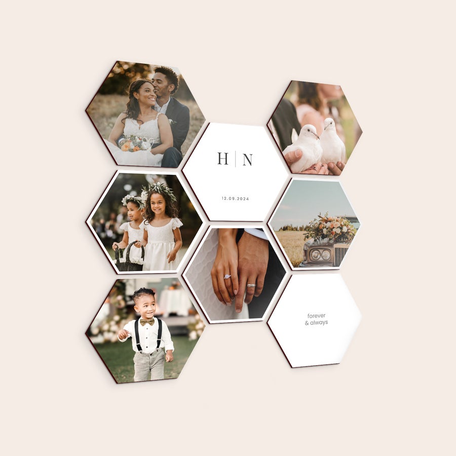 Azulejos personalizados Paneles de arte de madera hexagonales personalizados con fotos de boda, nombres y fecha H N, 12.09.2024 y la frase "forever & always".