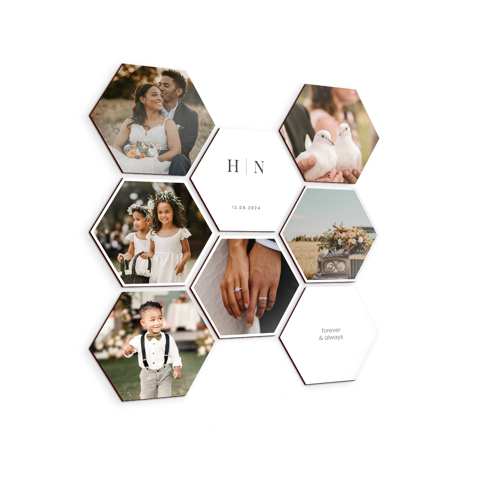 Sechseckige Wandbilder aus Holz mit einem personalisierten Hochzeitsfoto, Namen und Datum, um Ihre Wand mit Ihrem Design zu dekorieren