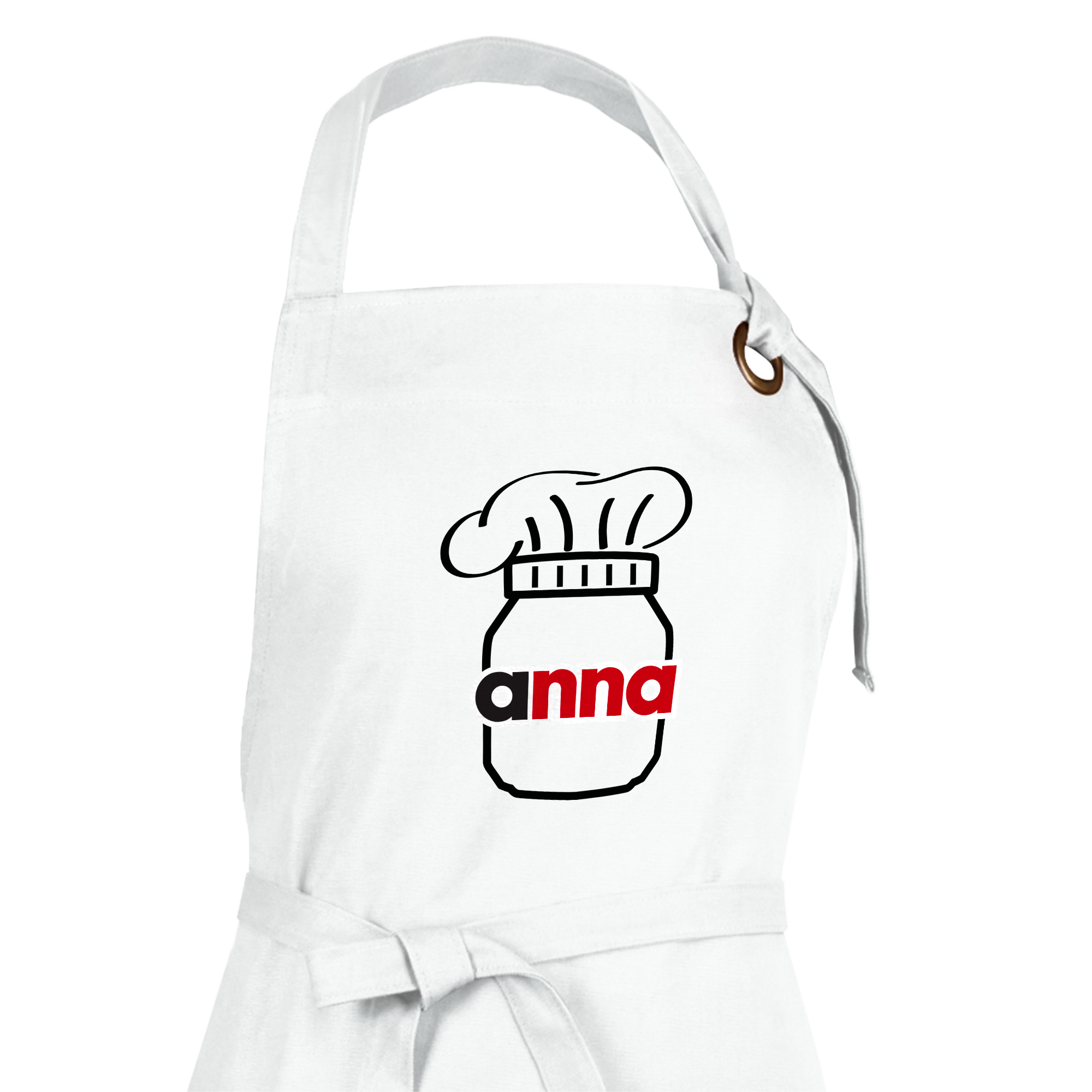 Weiße Schürze mit aufgedrucktem Nutella-Glas und Kochmütze, personalisiert mit dem Namen Anna. Wen wirst du mit dieser personalisierten Backspaß-Geschenkset überraschen?