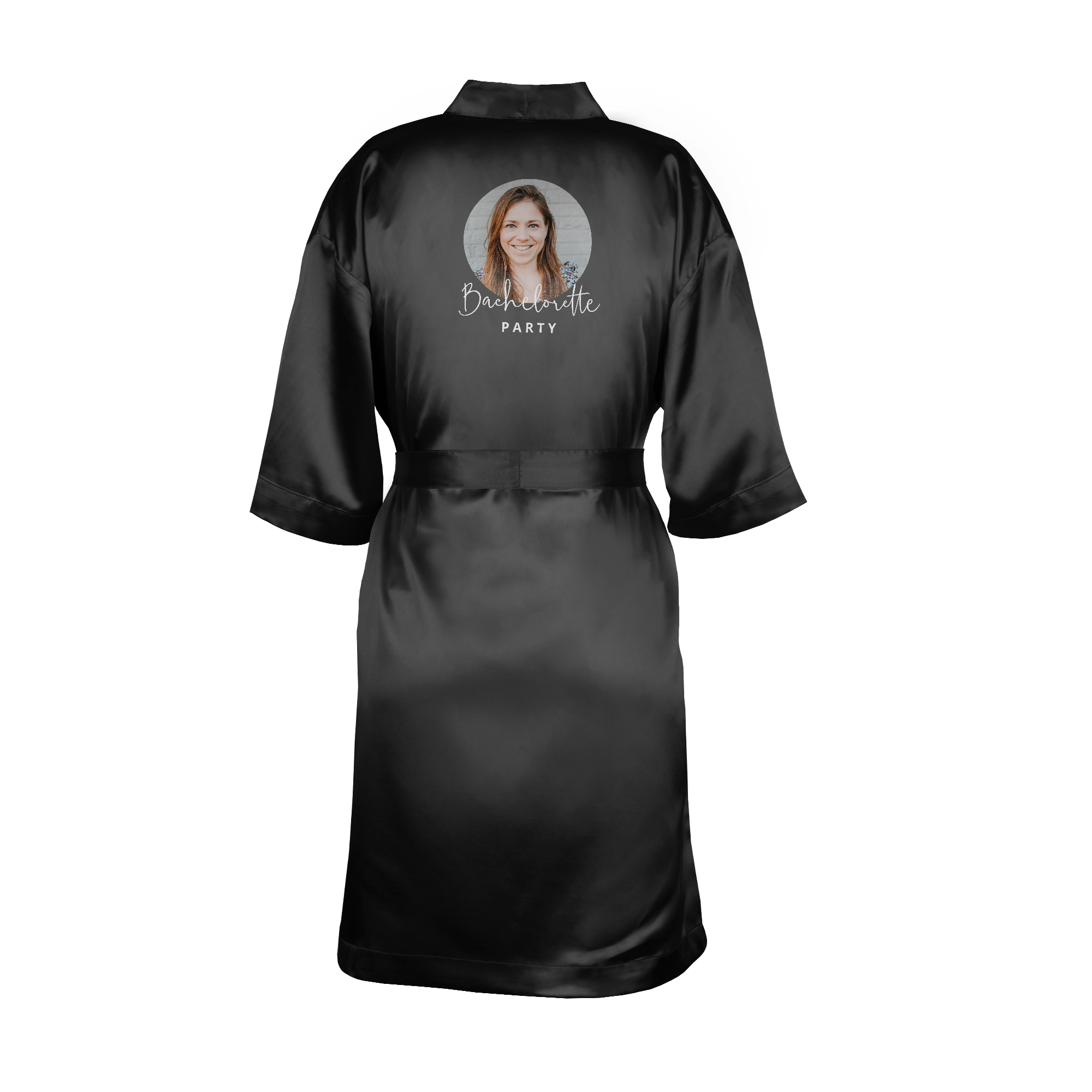 Black personalized kimono printed with a photo, "Bachelorette" text, and "Party" below