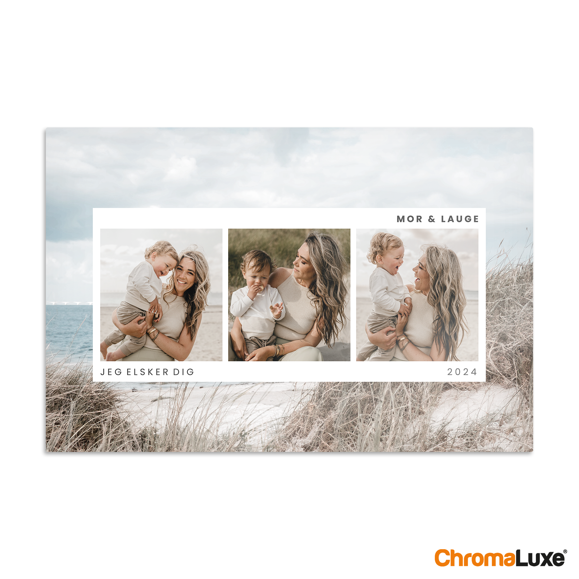 Chromaluxe aluminium fotoprints med 3 personlige fotos af mor og barn på stranden og teksten Jeg elsker dig 2024