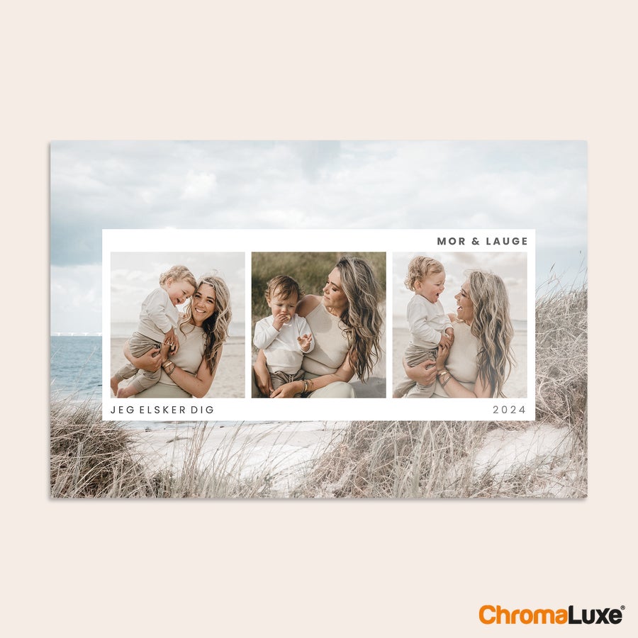 Aluminium fotopanel Chromaluxe aluminium fotoprints med 3 personlige fotos af mor og barn på stranden og teksten Jeg elsker dig 2024