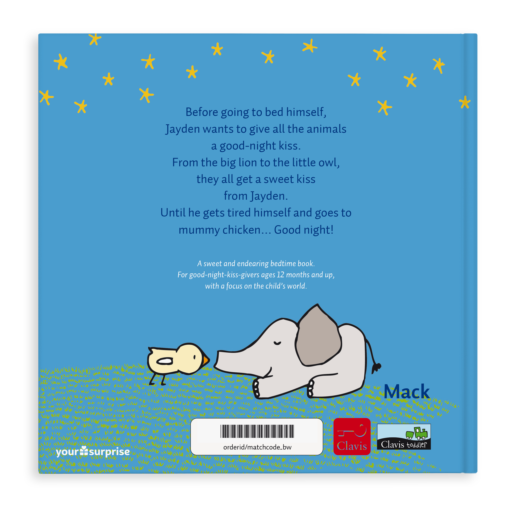 Personalized Goodnight Story book with customized text "Jayden" and charming illustrations of a chick and an elephant.