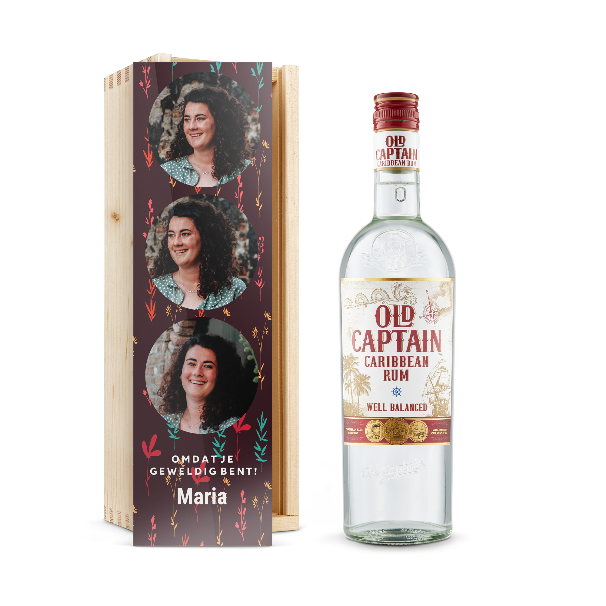 Rum in bedrukte kist - Old Captain (wit)