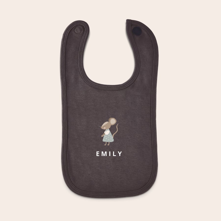 Personalised baby bib Dark gray personalized bib printed with a mouse holding a balloon and the name Emily.