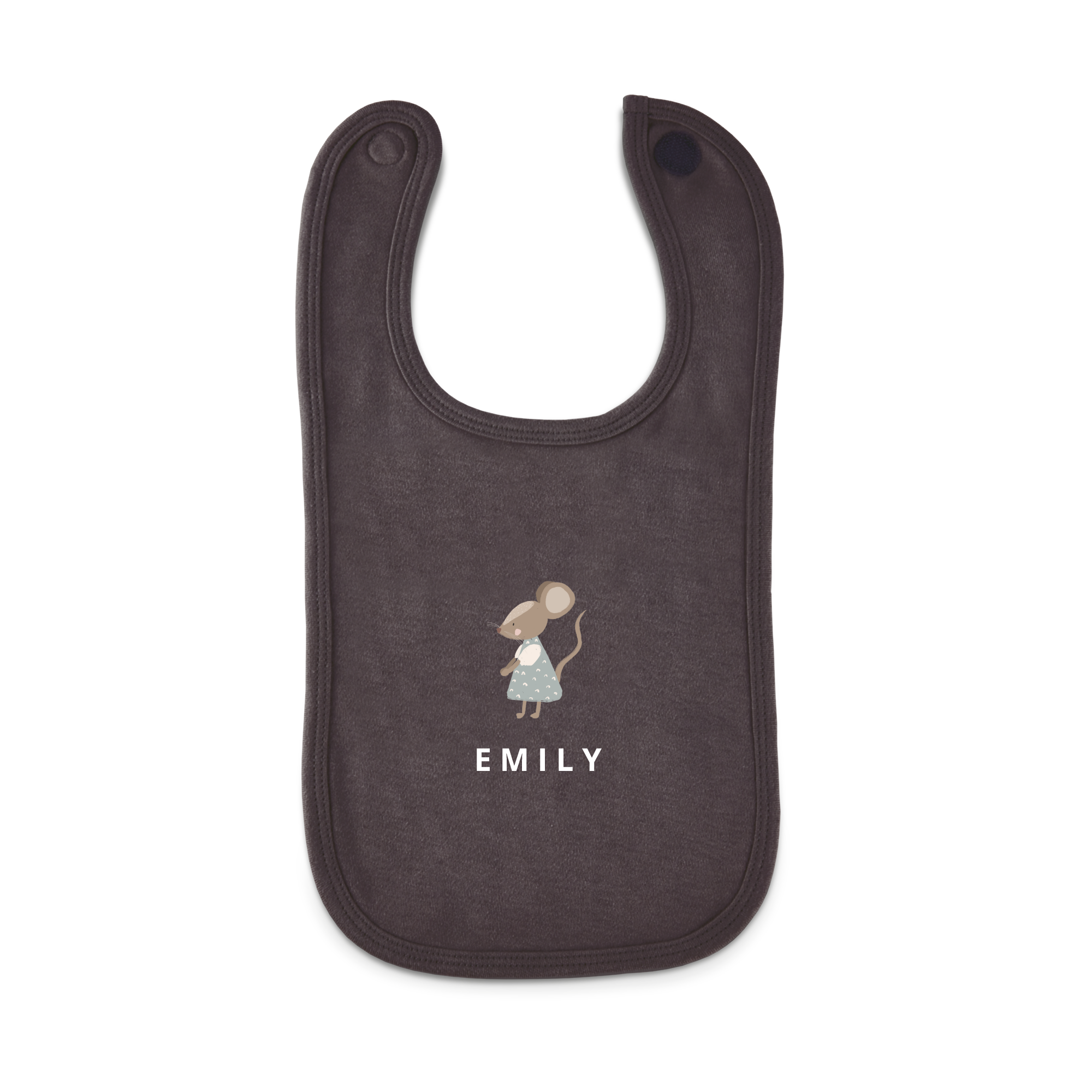 Dark gray personalized bib printed with a mouse holding a balloon and the name Emily.