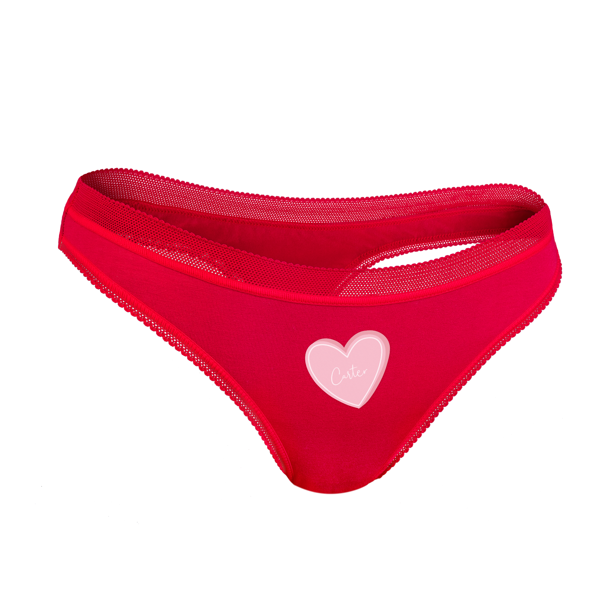 Tanga roșu din modal pentru femei cu dantelă, imprimat cu inimă roz personalizată și text Carter