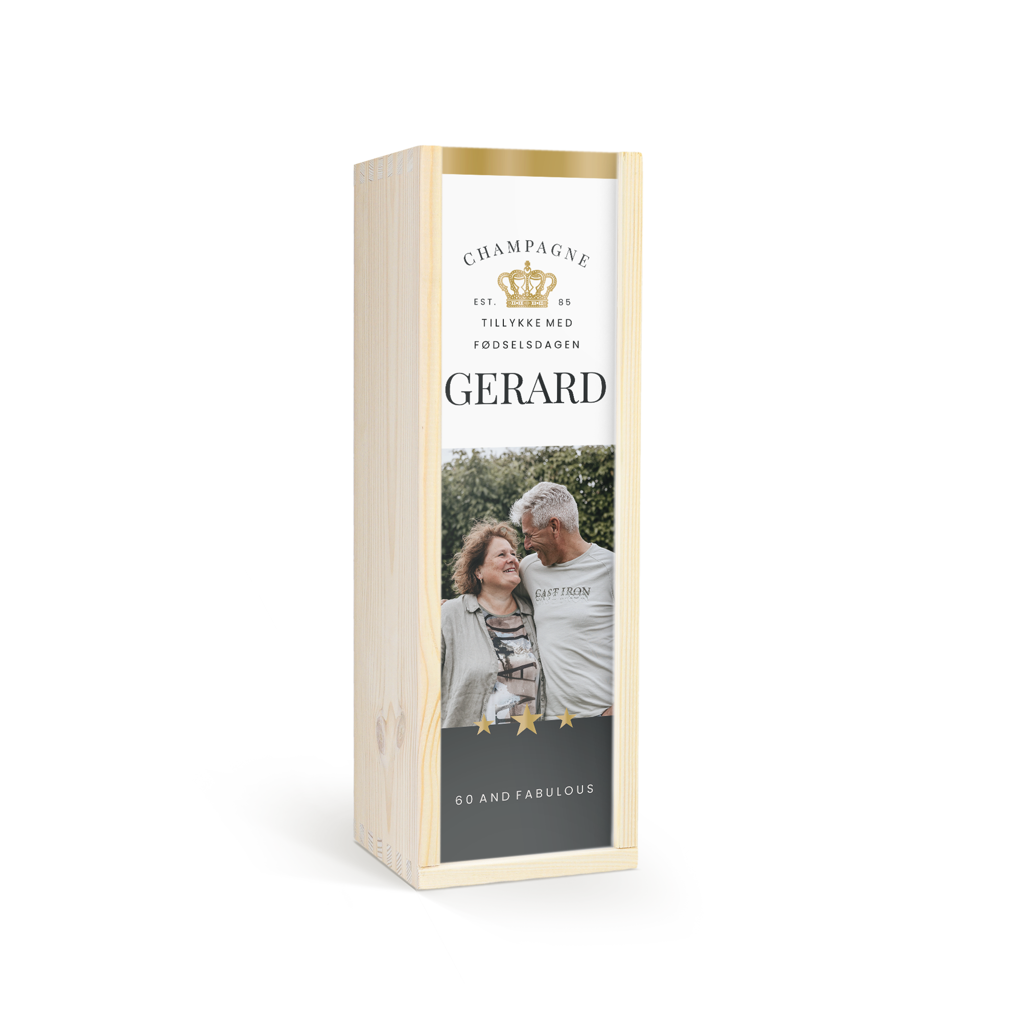 Moët & Chandon champagne i luksus graveret trækasse med foto, navn GERARD og teksten "60 AND FABULOUS"