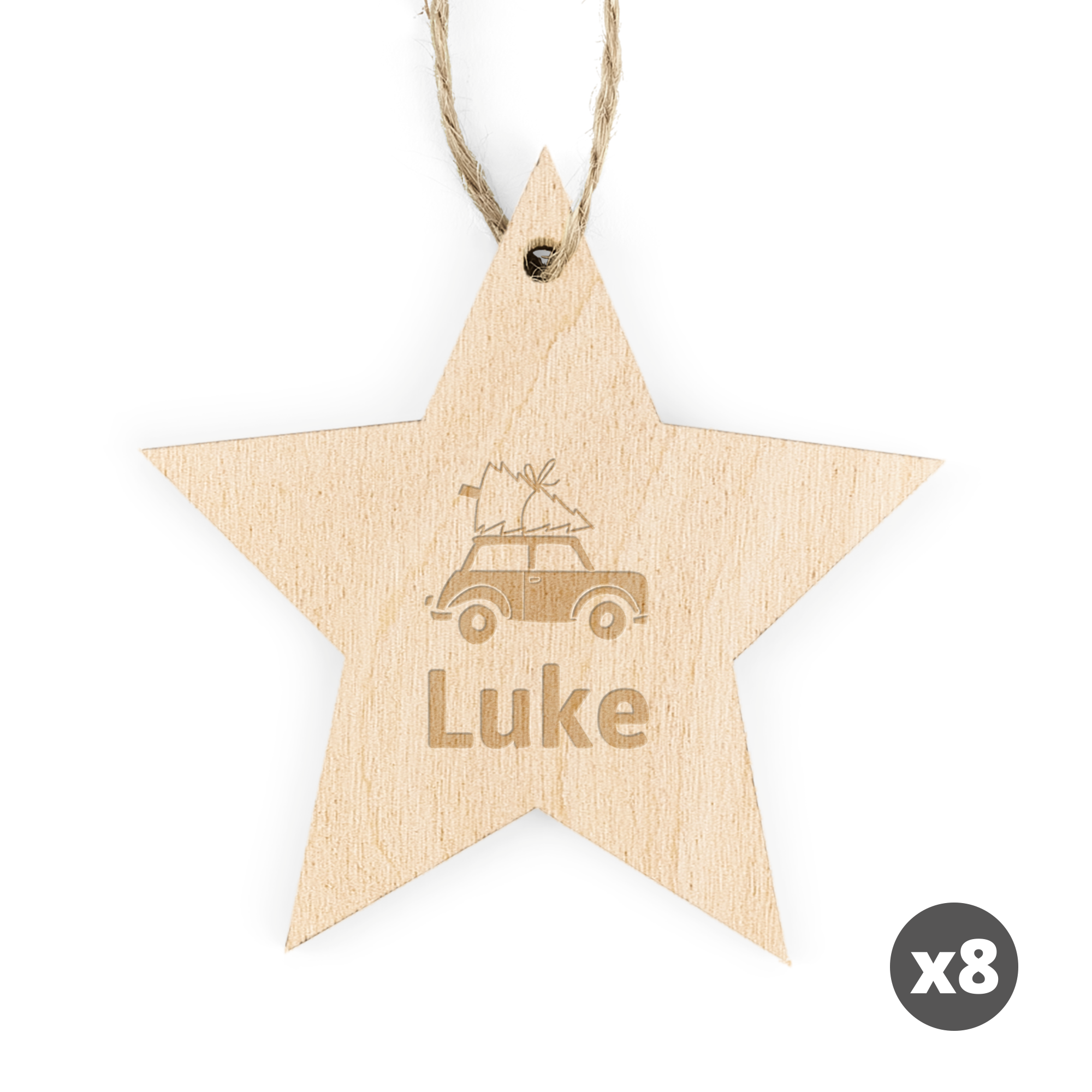 Decorațiuni de Crăciun personalizate - Lemn - Gravate - Stea - 8 buc