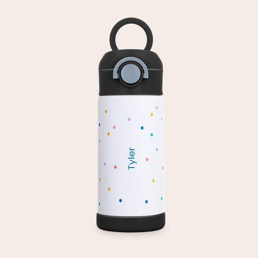 Kids water bottle with photo White kids stainless steel water bottle with colorful polka dots, printed with the name Tyler, and a black lid with a carrying loop to make every sip special.