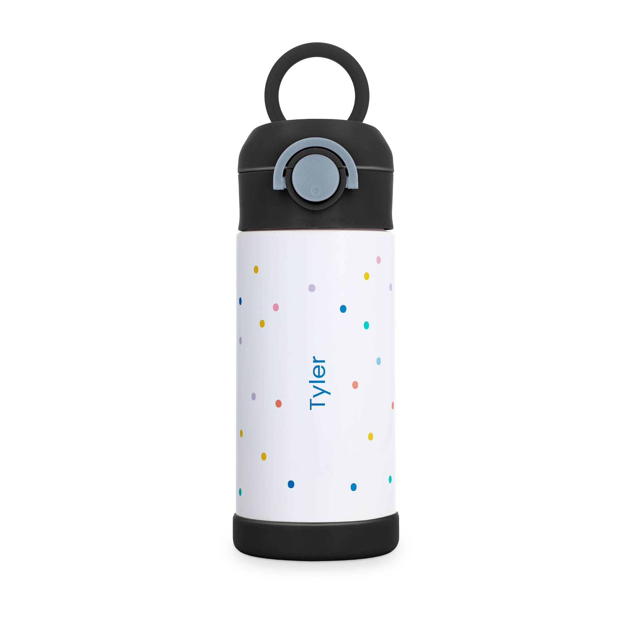 Sticlă de apă personalizată pentru copii, din oțel inoxidabil, cu buline colorate și numele Tyler imprimat.