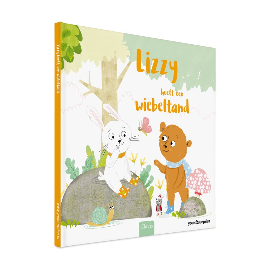 Konijn heeft een wiebeltand personaliseren Prentenboek Lizzy heeft een wiebeltand met gepersonaliseerde naam op de voorkant