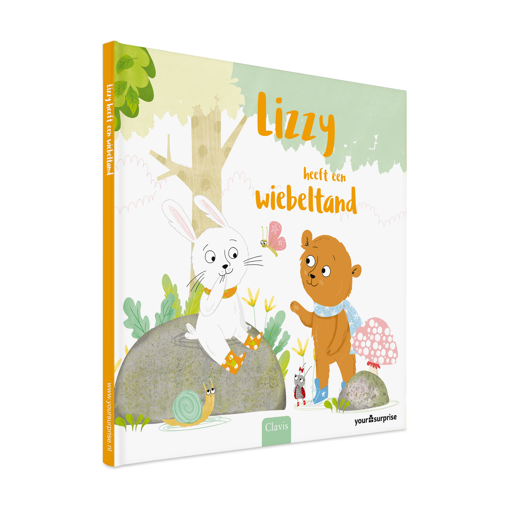 Gepersonaliseerd kinderboek Lizzy heeft een wiebeltand met konijn, beer en slak geprint op de cover, waarin het kindje de hoofdrol speelt.