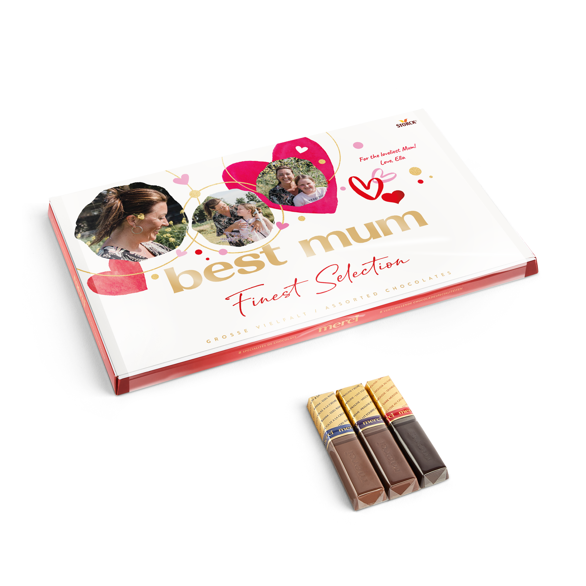 Čokolada Merci s personalizirano kartico 400 gramov, tiskana z osebnimi fotografijami in sporočilom "best mum" ter "For the loveliest Mum! Love, Ella".