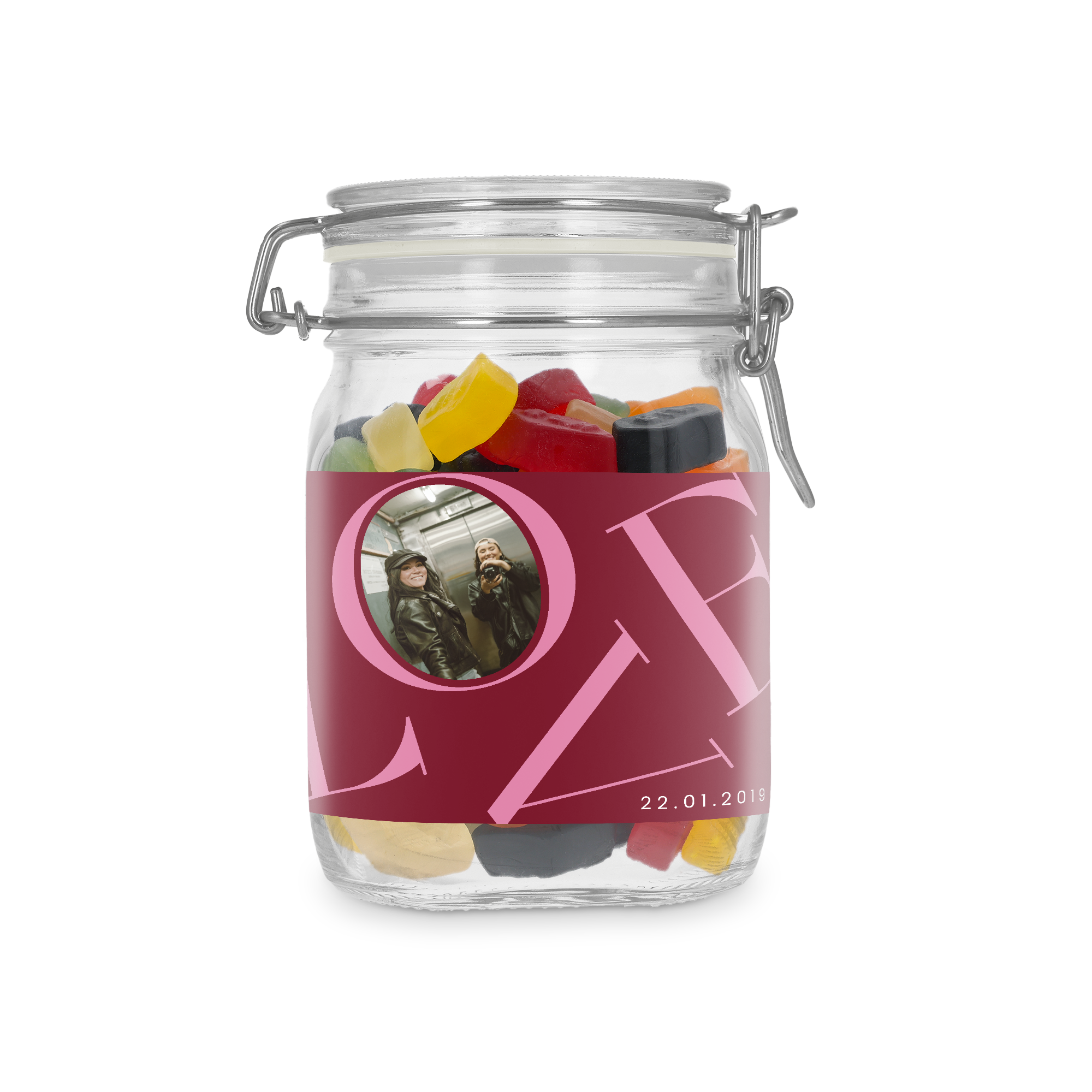 Borcan dulci personalizat cu gume de vin, imprimat cu poza de cuplu și data 22.01.2019