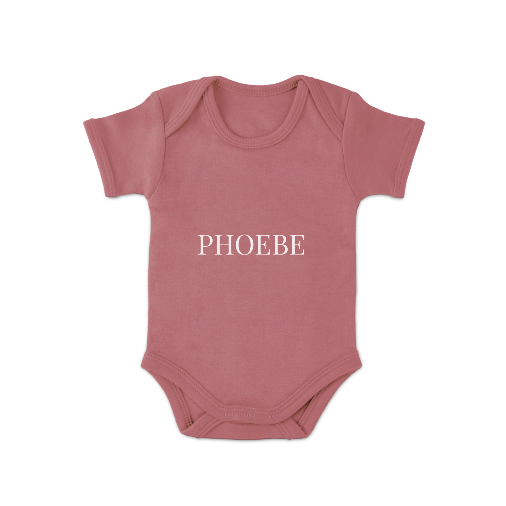 Rose pink personalized babygrow printed with the name PHOEBE, a cute gift for new parents.