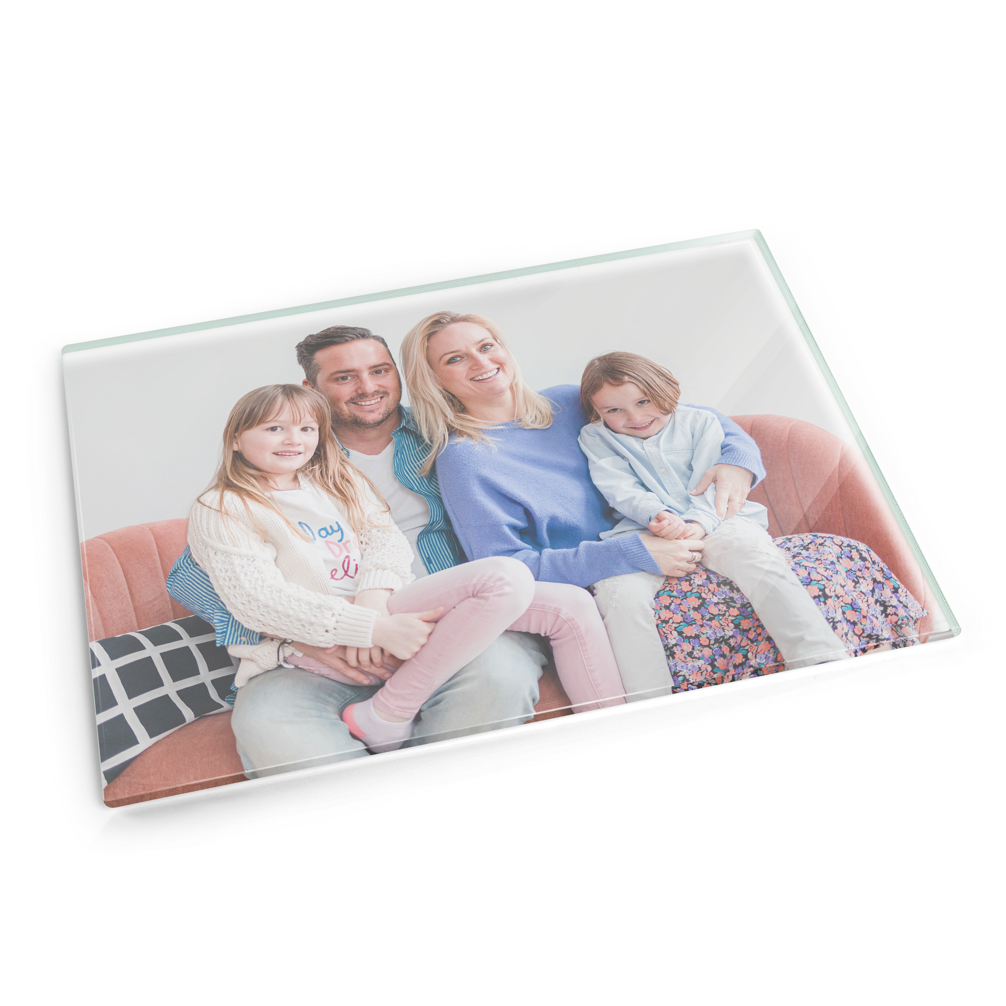 Planche à découper en verre avec une photo de famille imprimée