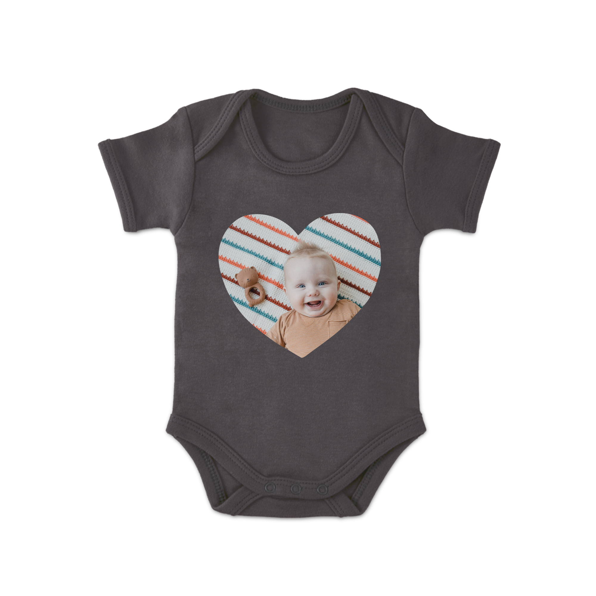 Dark gray babygrow with a heart-shaped photo of a laughing baby, a cute printed babygrow