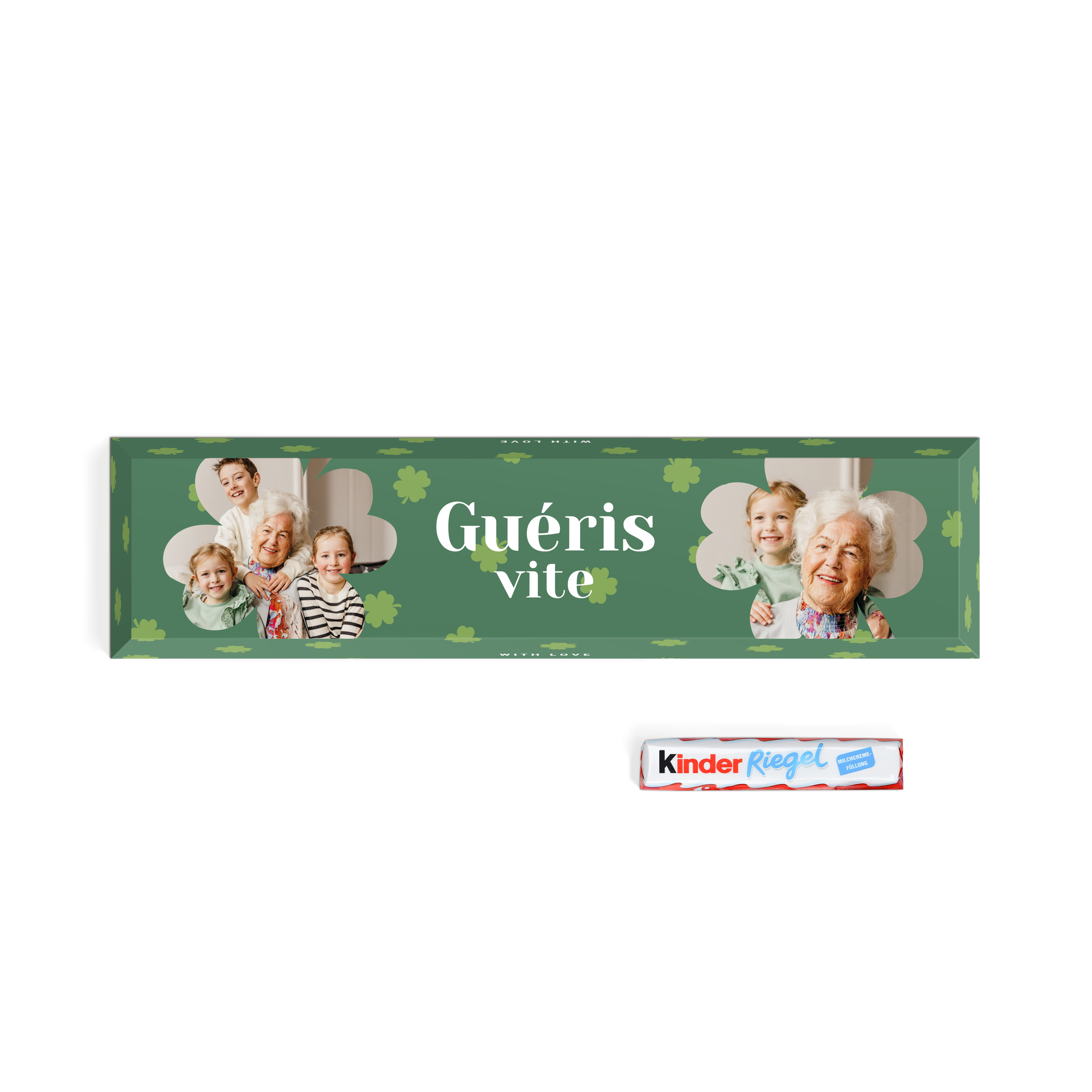 Barre de chocolat Kinder XXL avec nom personnalisée Guéris vite, imprimée avec des photos de famille.