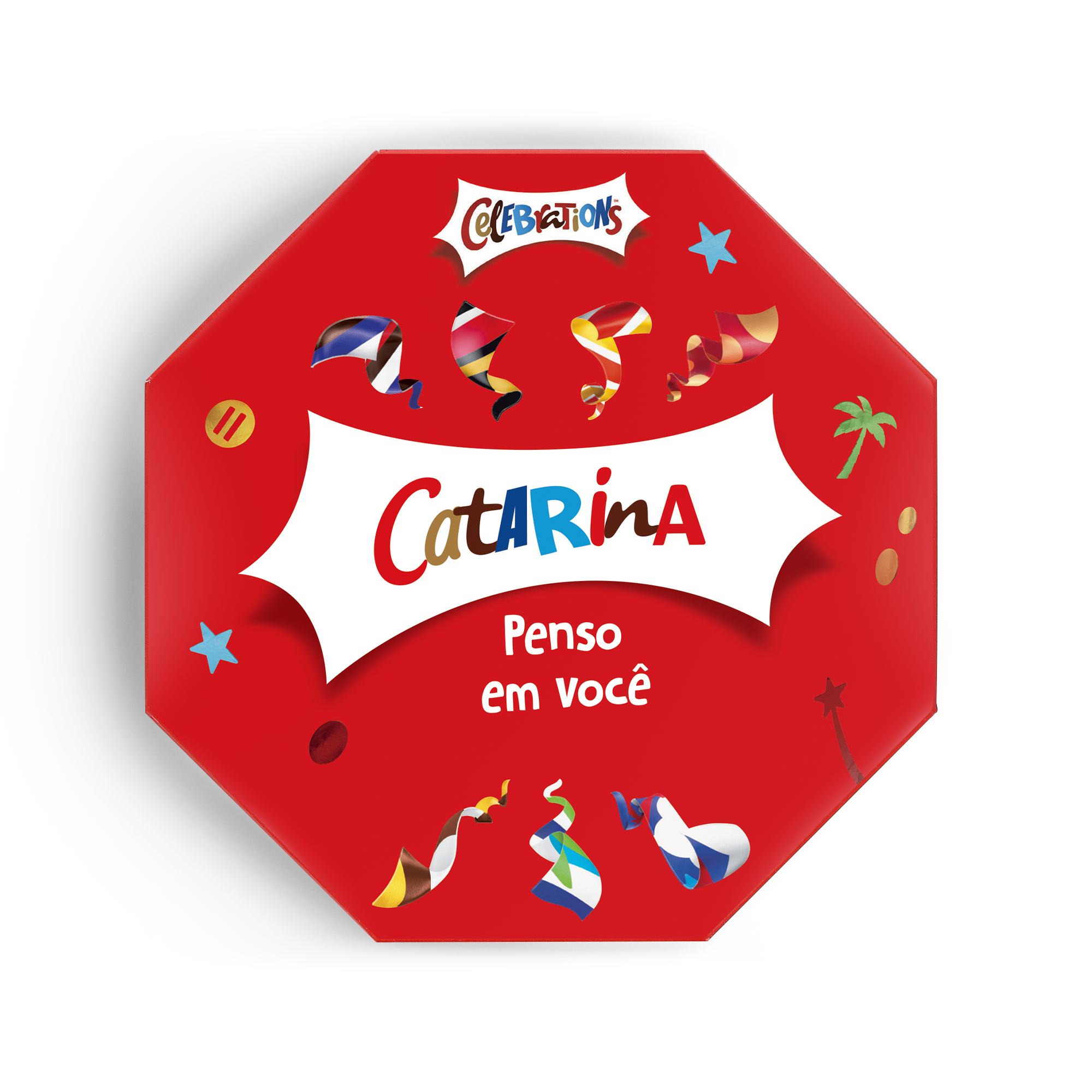 Caixa Celebrations vermelha personalizada com nome Catarina e a frase 