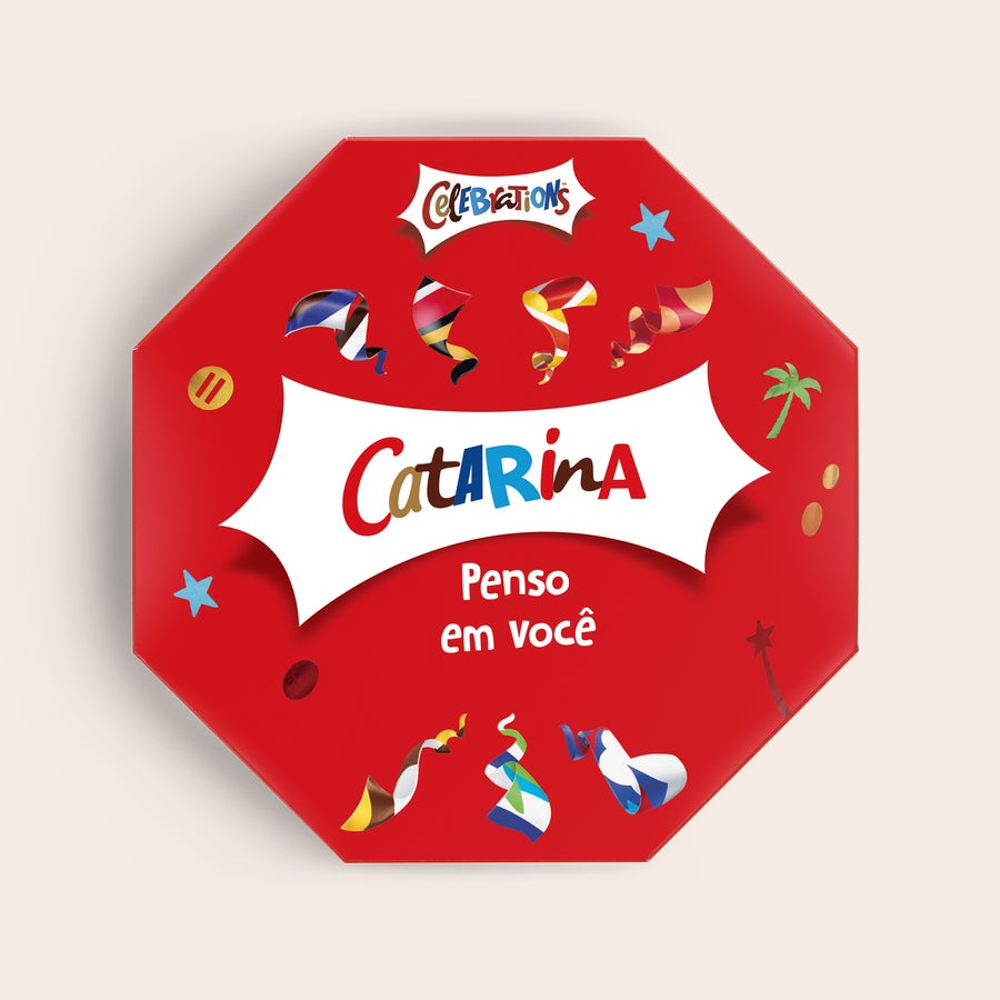 Caixa de comemorações com nome Caixa Celebrations vermelha personalizada com nome Catarina e a frase