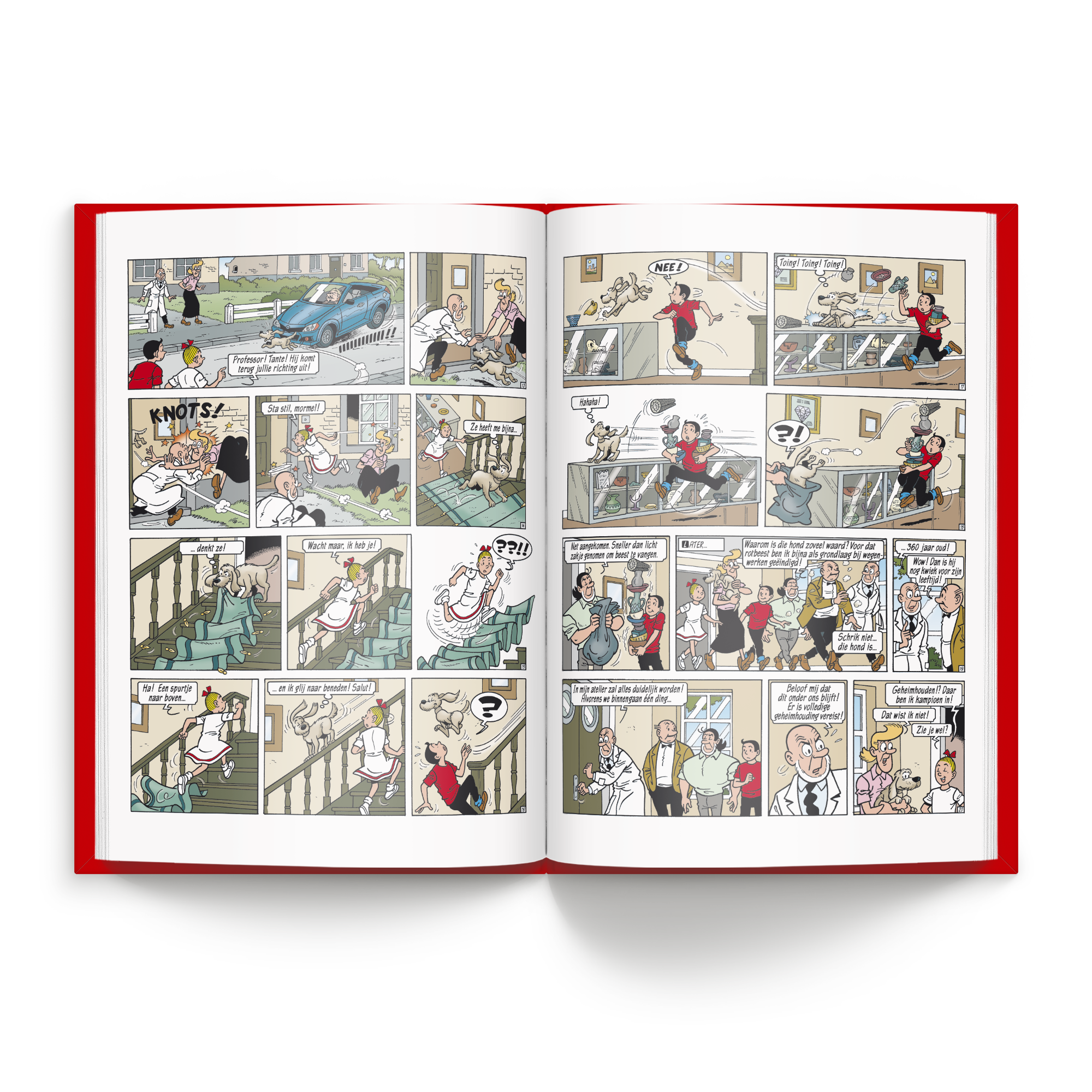 Persoonlijk stripboek Suske en Wiske De Nachtwachtbrigade Hardcover toont open bladzijden met kleurrijke tekeningen en grappige dialogen van het avontuur.