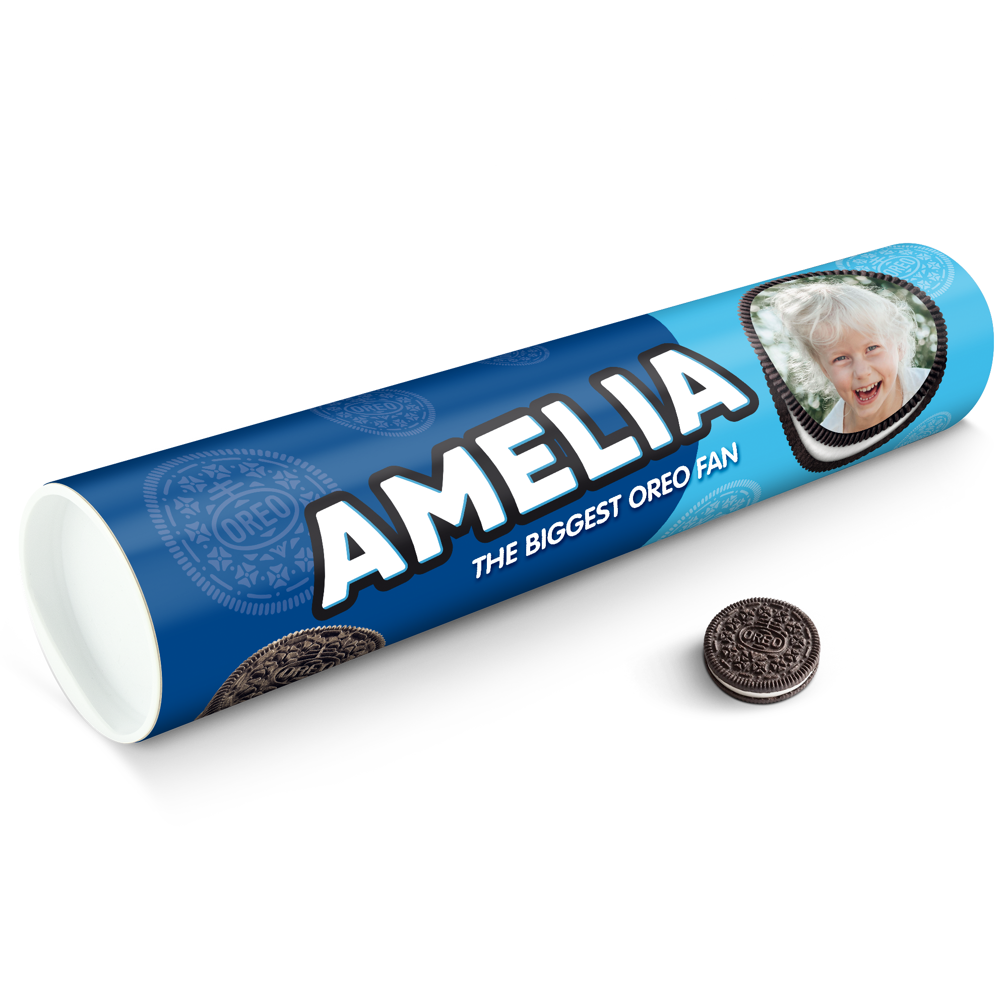 Tub cadou Mega Oreo personalizat, imprimat cu poza unui copil și numele AMELIA, perfect pentru cunoscătorii de prăjituri.