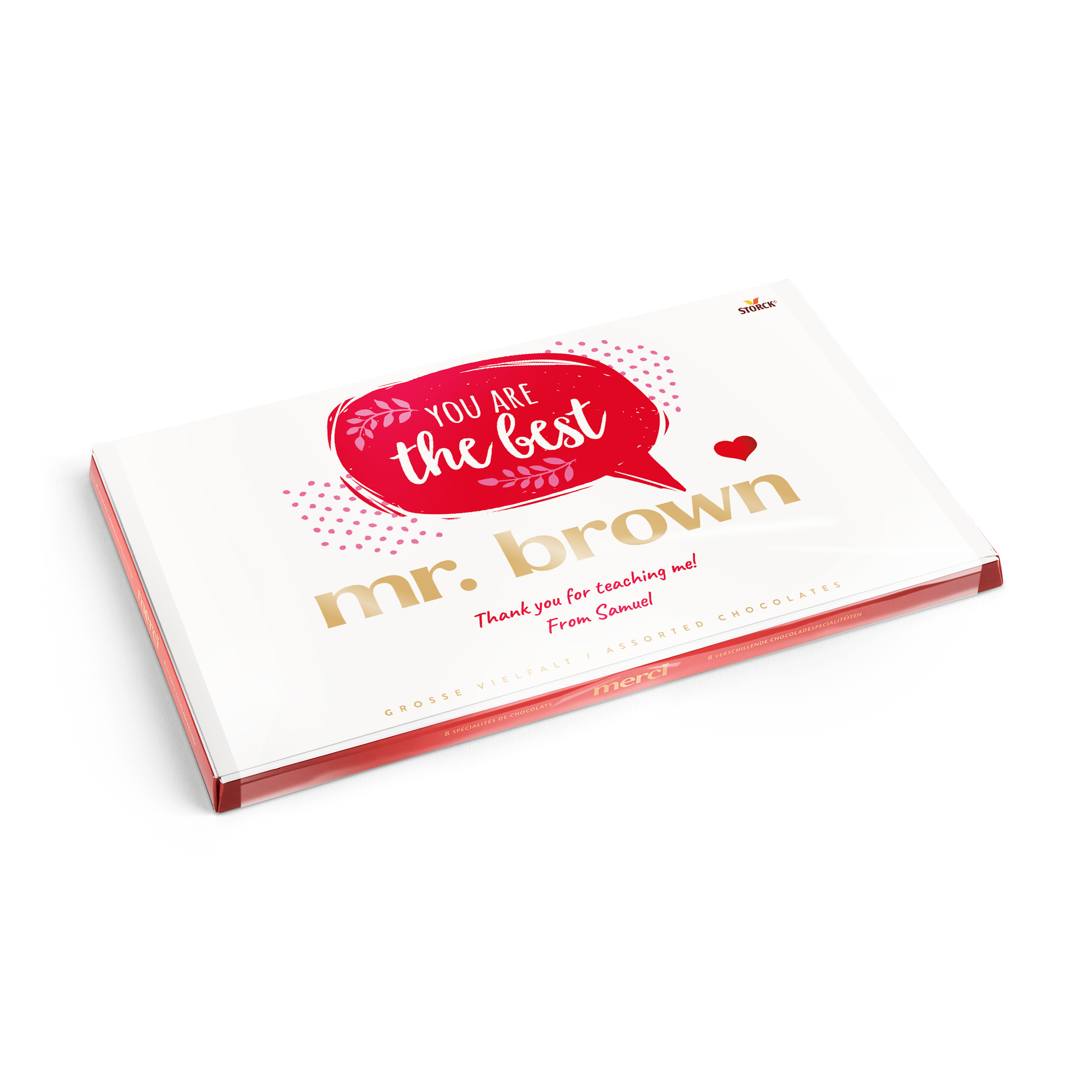 Czekoladki Merci z personalizowaną kartką 400g z napisem "You are the best mr. brown" i dedykacją "Thank you for teaching me! From Samuel".