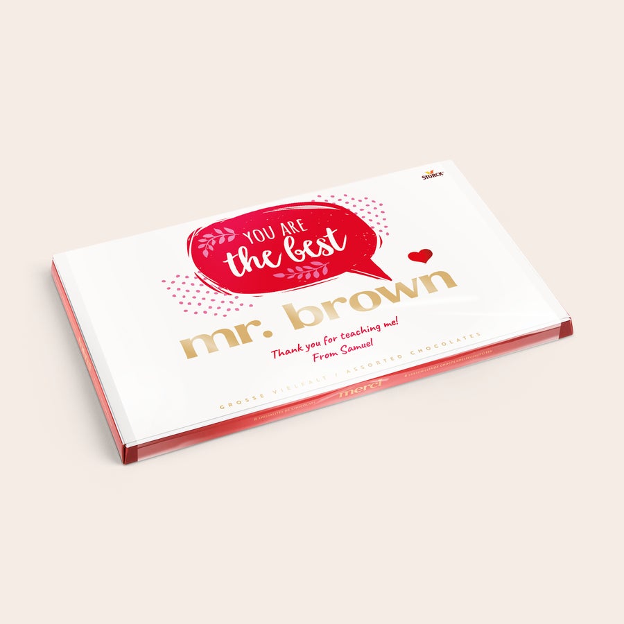 Scatola regalo e biglietto d'auguri personalizzati al cioccolato Merci Merci cioccolato con bigliettino personalizzato - 400 grammi con messaggio "You are the best Mr. Brown" e dedica di Samuel, stampato in rosso e oro.