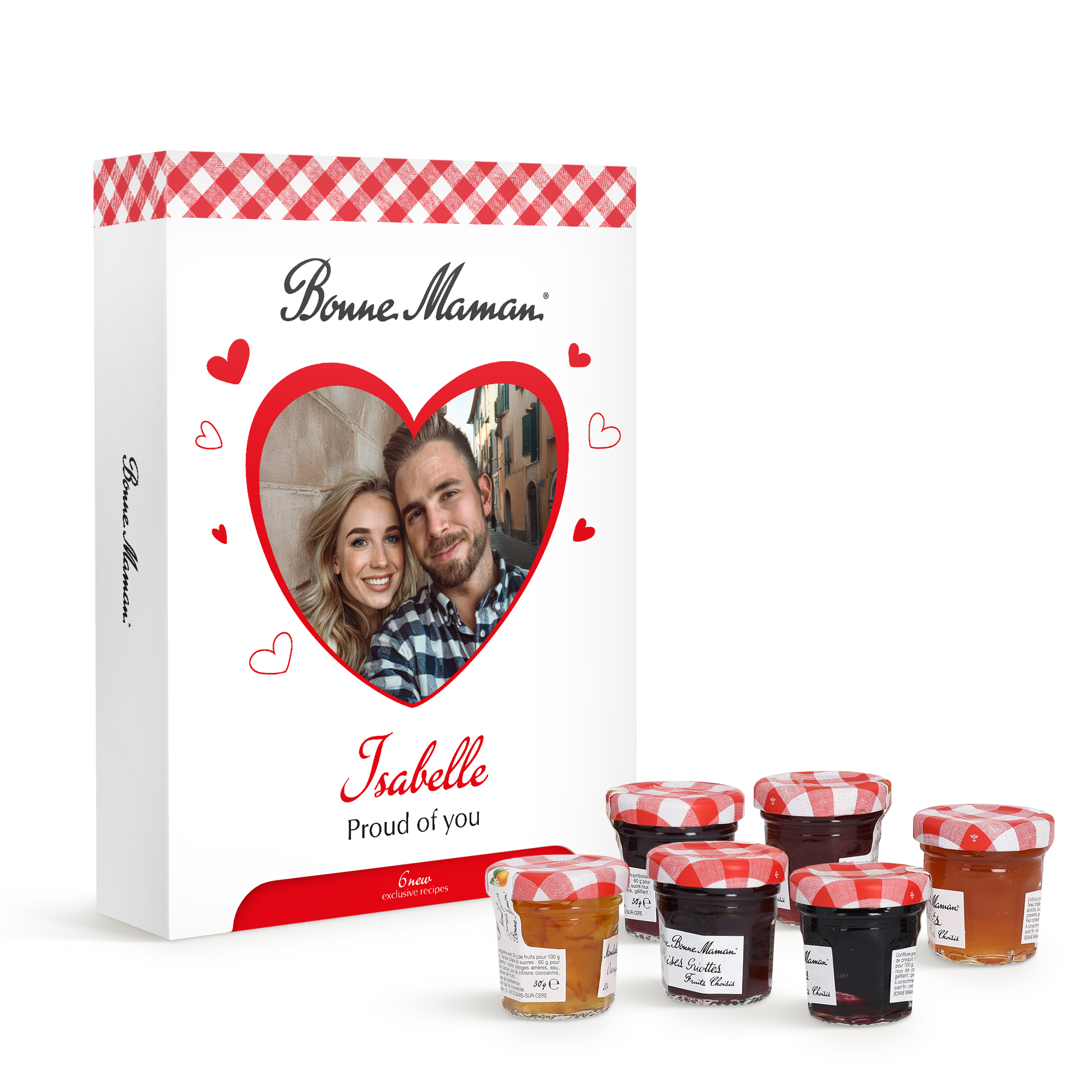 Caja de regalo Bonne Maman personalizada con foto de pareja e "Isabelle Proud of you", junto a 6 mini mermeladas, ideal para sorprenderlos.