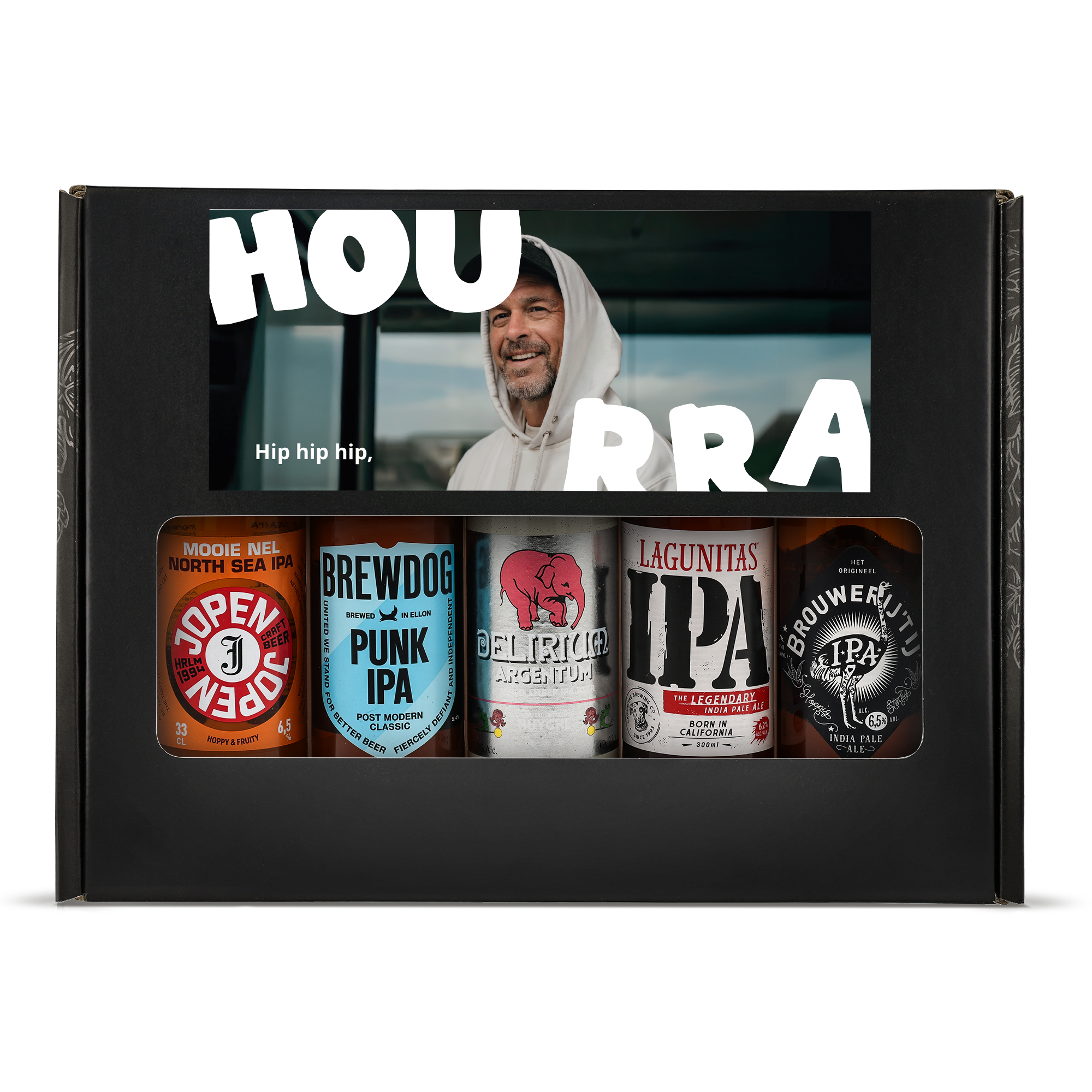 Coffret cadeau de bière personnalisé - Microbrasserie avec six bières et un couvercle imprimé d'un homme souriant et du texte Hip hip hip.