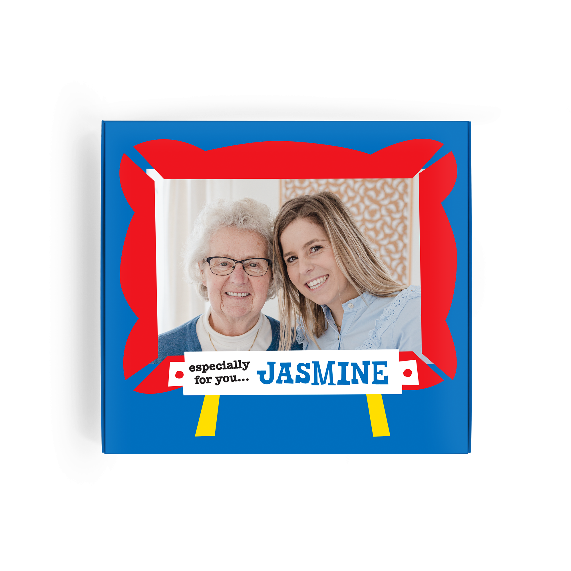 Spersonalizowane pudełko na Tony's Chocolonely Hazelnut z wydrukowanym zdjęciem dwóch uśmiechniętych kobiet i imieniem Jasmine