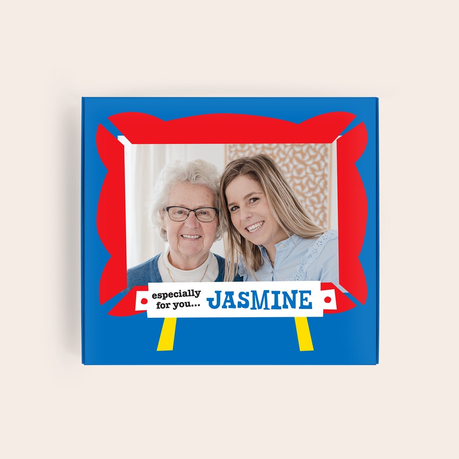 Personalised Tony Chocolonely Chocolate Gift Box - Just because Tony's Chocolonely Milk chocolate bar in a personalized blue gift box printed with a photo of two women and the text "especially for you... Jasmine"