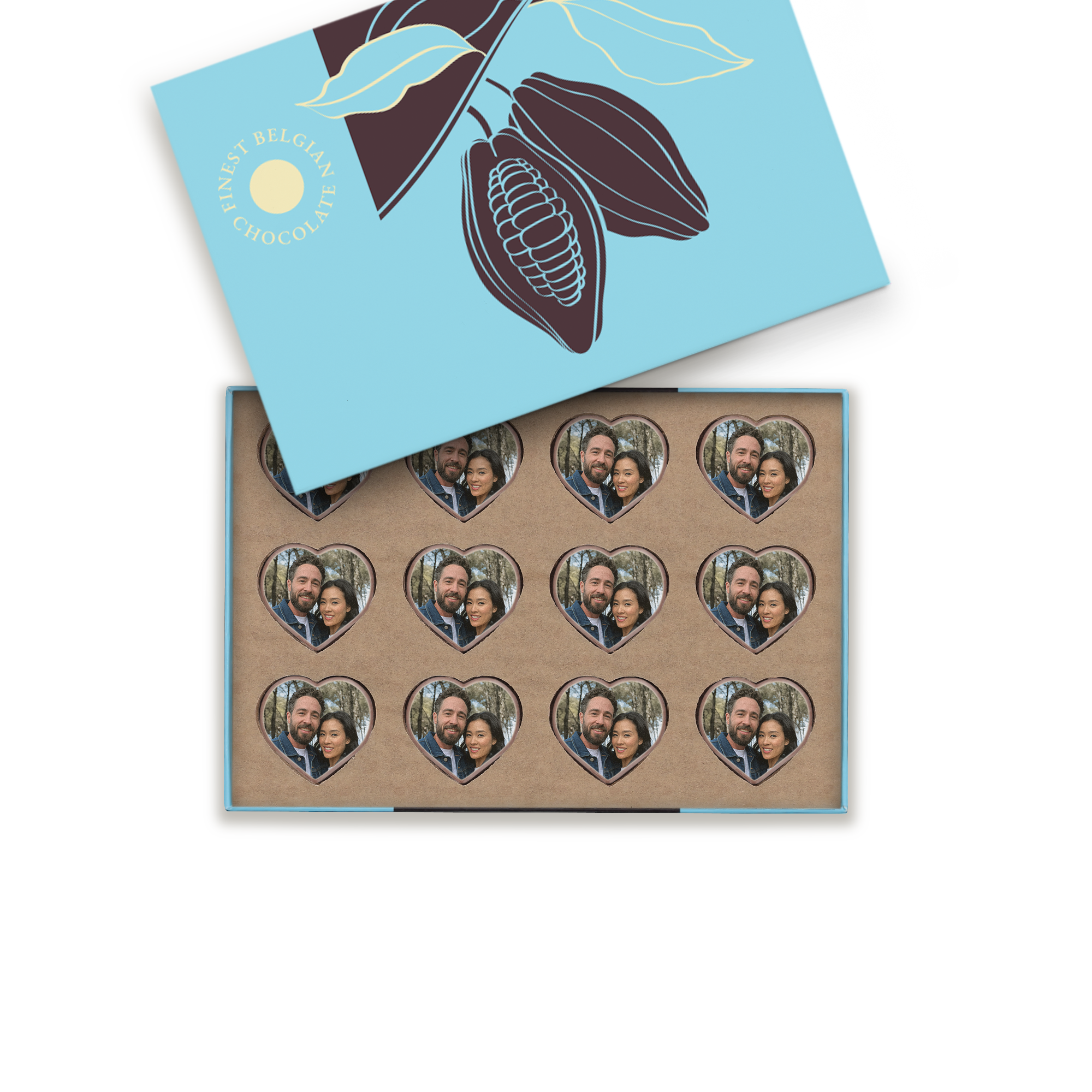 Bombones corazón con foto - Sólidos. Caja de bombones belgas con 15 fotos personalizadas en forma de corazón.