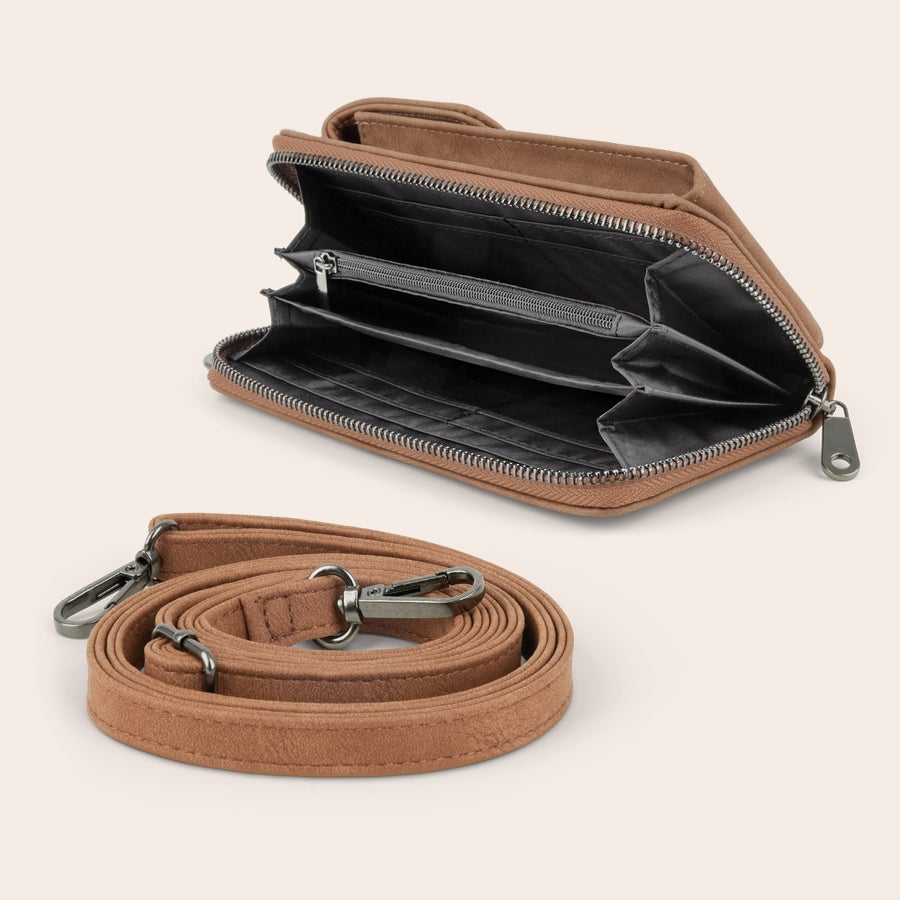 Borsetta Porta Cellulare Borsetta porta cellulare personalizzata marrone in similpelle con tracolla e cerniera incisa con nome o testo a scelta